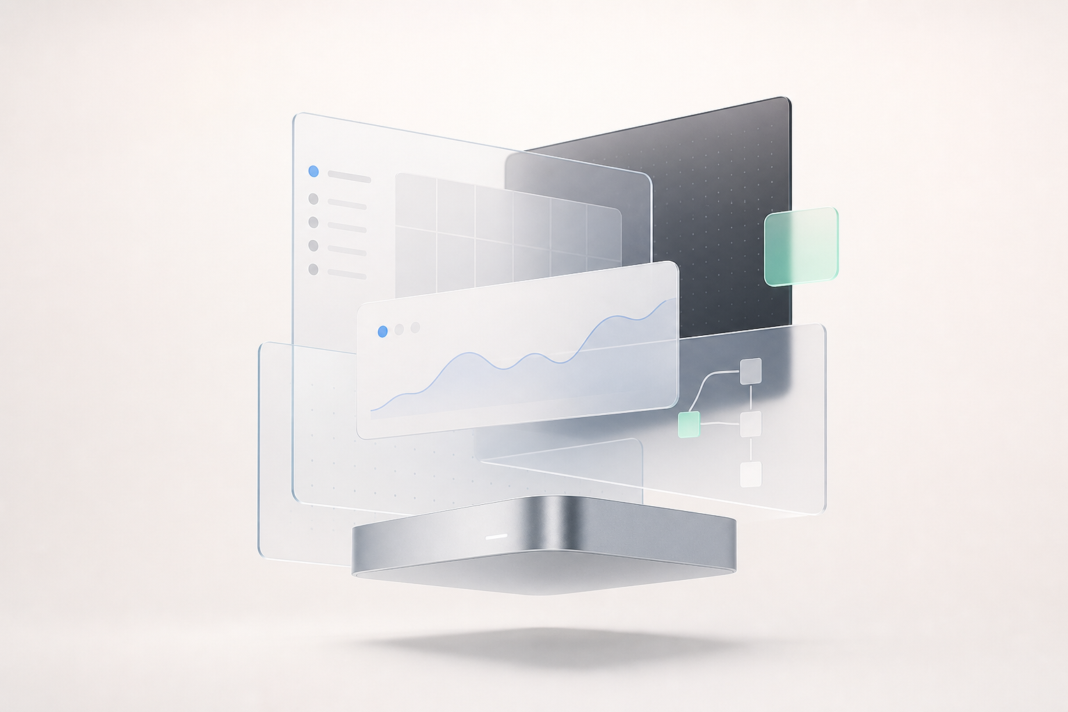 Abstract product visual of translucent workflow panels for Icecrao digital tools